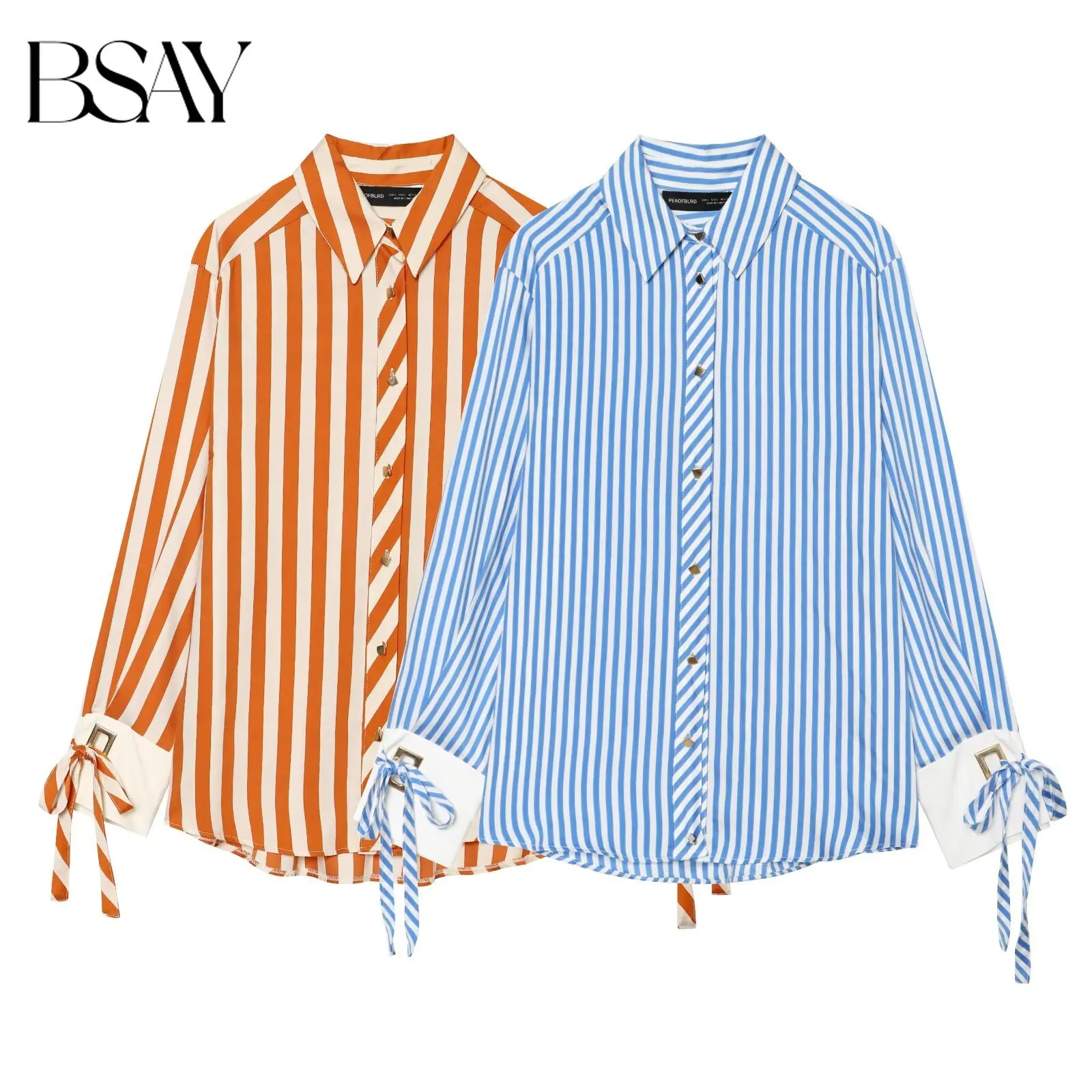 BSAY Women Daily Office Vertical Striped Lapel Long Sleeve Shirt Single Breasted Buttons Cuff Bow Tie Decor Loose Casual Blouse