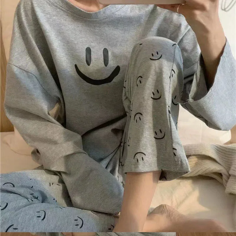 Autumn and Winter Pajamas Female Two-Piece Suit Long-Sleeved Smiley Students 2024 New Homewear