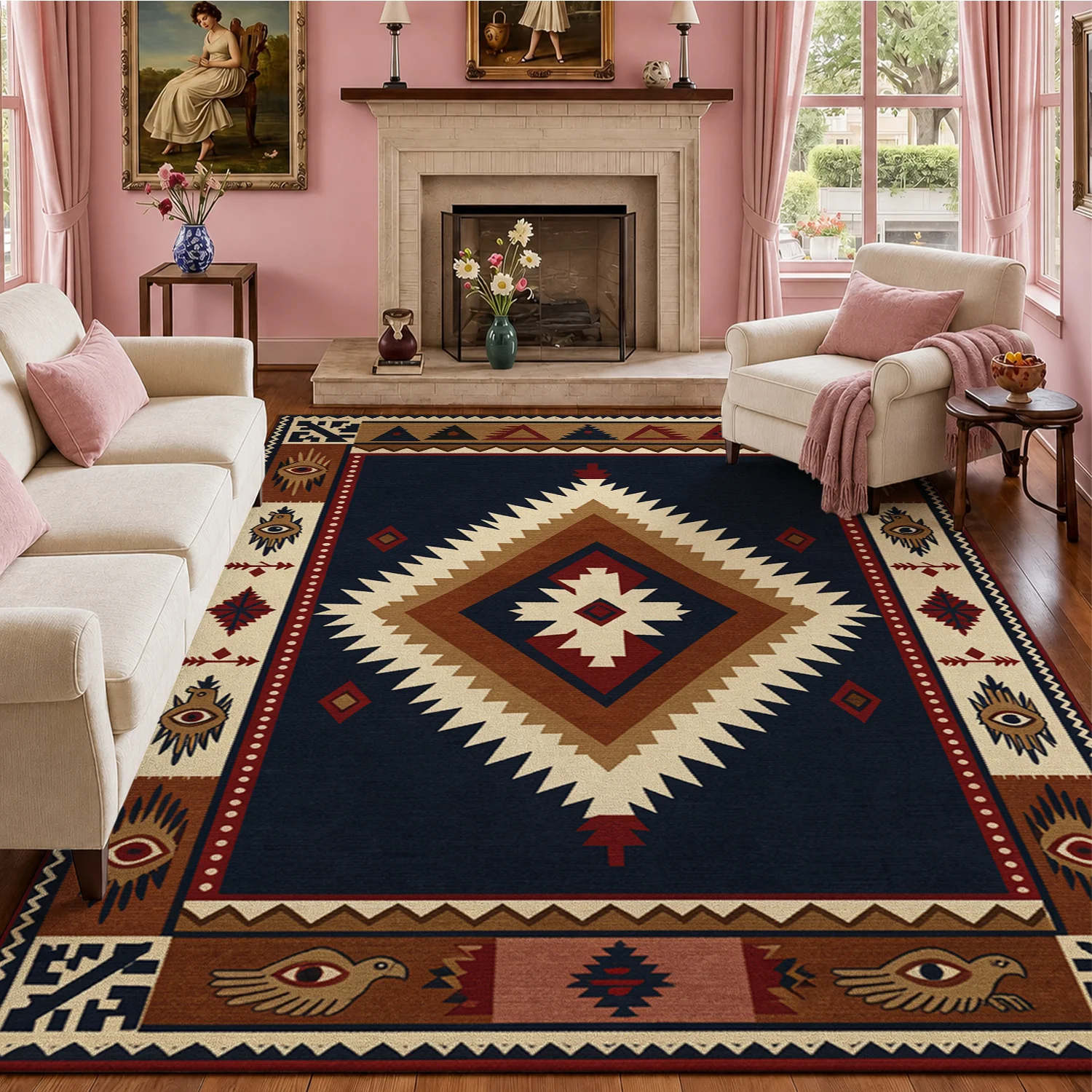 Southwest Tribal Aztec Geometric Pattern Velvet Rug, Machine Washable, Ideal for Living Room, Bedroom, Dining Room, Entryway, Perfect for Halloween, Thanksgiving, Christmas, New Year, Black Friday, Cyber Monday Home Decor