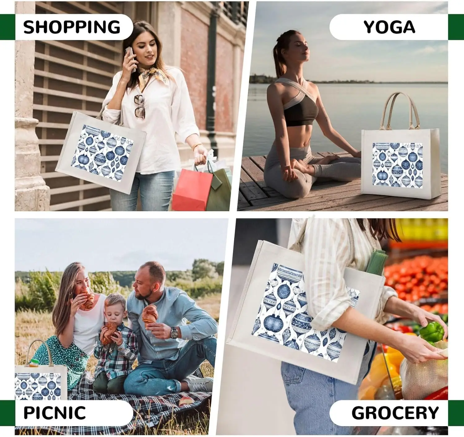 Sac fourre-tout de transport en toile pour femmes, sac cadeau personnalisé, ornements de Noël, yoga, travail