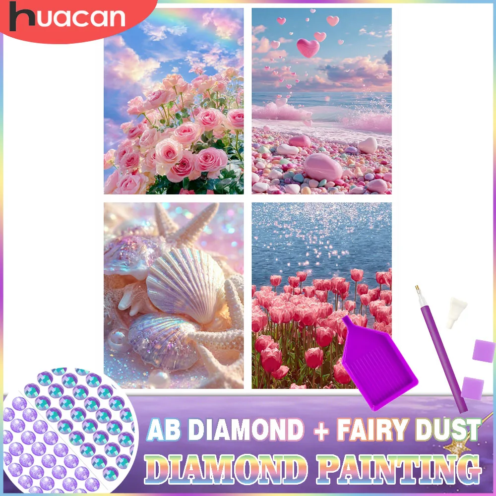 HUACAN Diamant-Gemälde, Rosenblüten-Feenstaub, AB, komplettes Set, runde Diamanten, Mosaik, Meer auf dem Grund, Landschaft