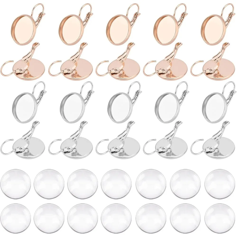 32 Sets 14mm Tray Rose Gold and Stainless Steel Color Leverback Earring Hooks Bezel Tray Earring Settings Flat Round Earring