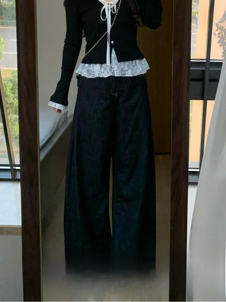 Plus size feminino azul profundo cintura alta até o chão vintage sle slim fit jeans casual calças de perna reta para outono inverno