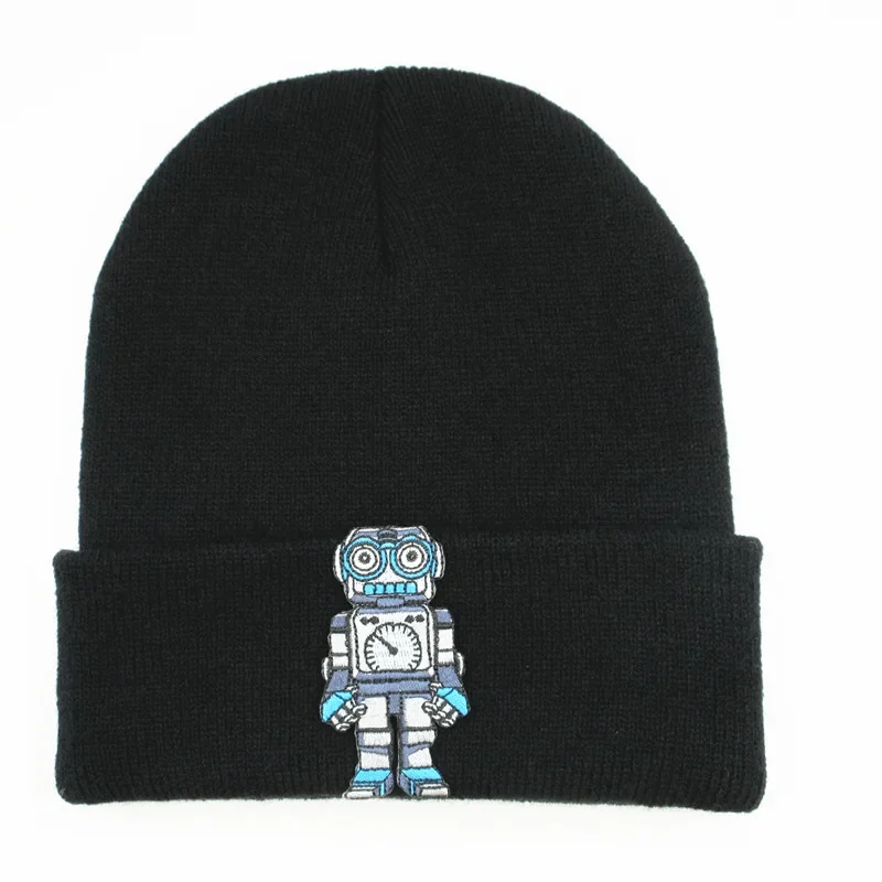 Winter Cotton Cartoon Robot Embroidery Thicken Knitted Warm Hat Skullies Cap Beanie Hat for Men and Women 369