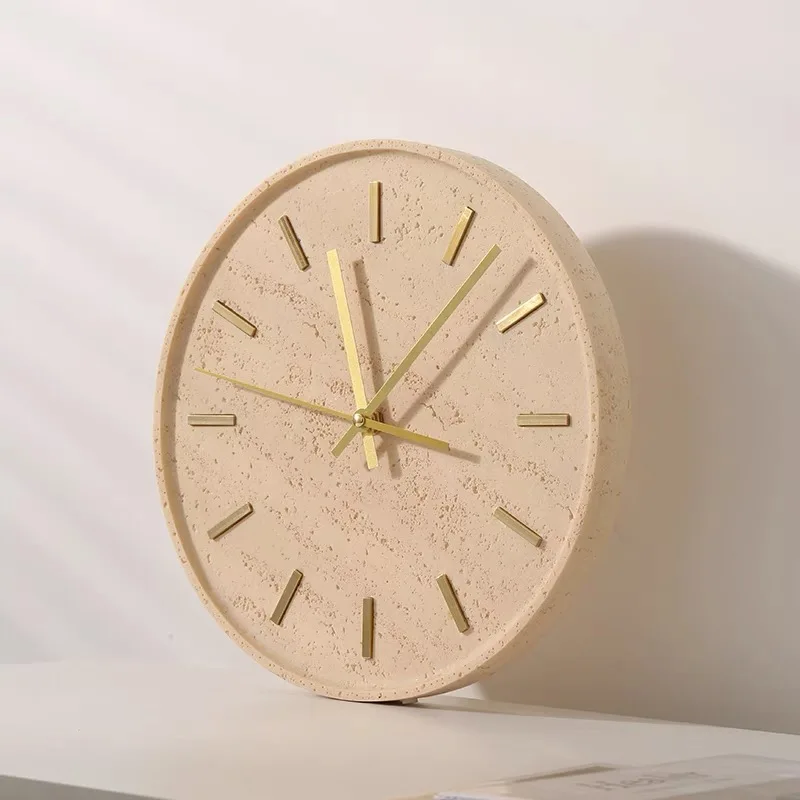 Light Luxury beige travertine modern style wall clock decorative clock with golden Metal pointer