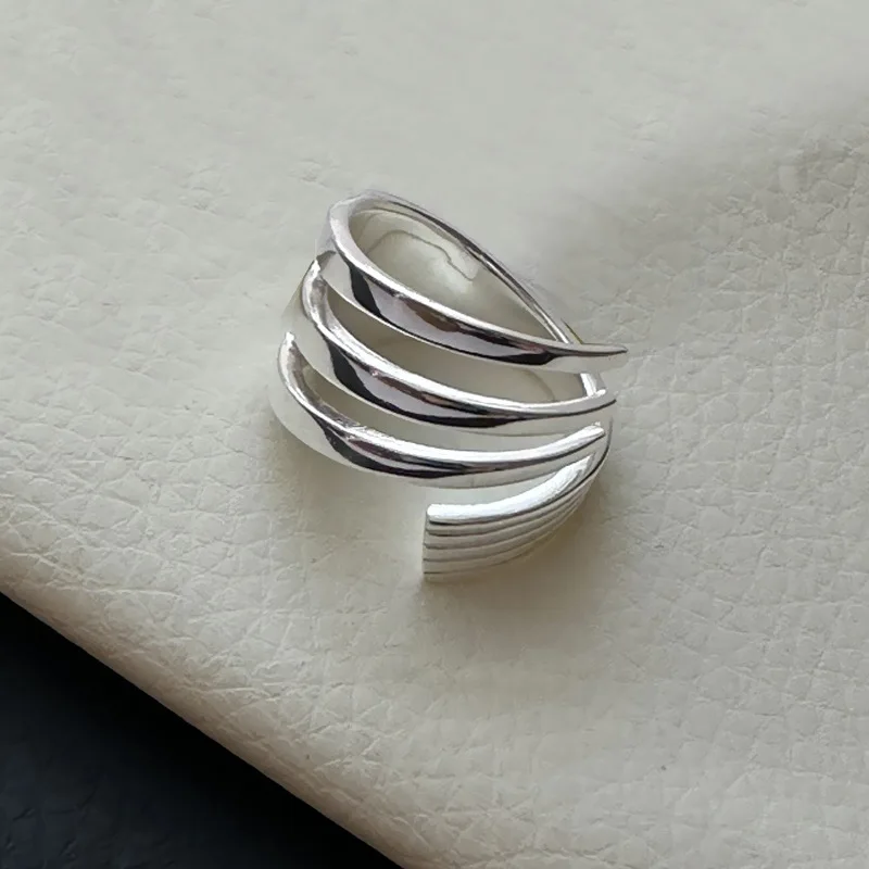 New Fashion Multi-layer Cross 925 Sterling Silver Jewelry Simple Versatile Heavy Industry Wide Stripe Opening Rings 0897