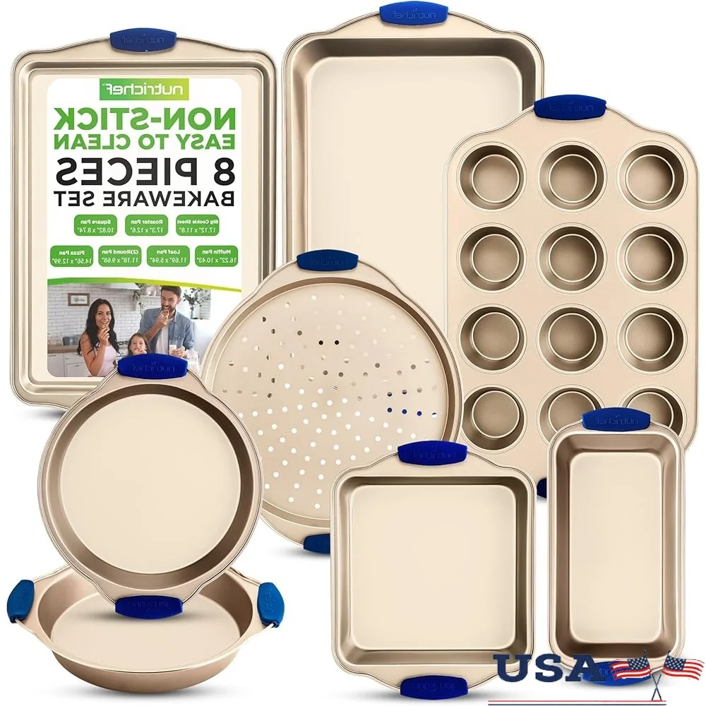 

8-Piece Nonstick Bakeware Set Heavy Duty Carbon Steel Pans with Silicone Handles Muffin Loaf Pizza Crisper Round Square Cookie