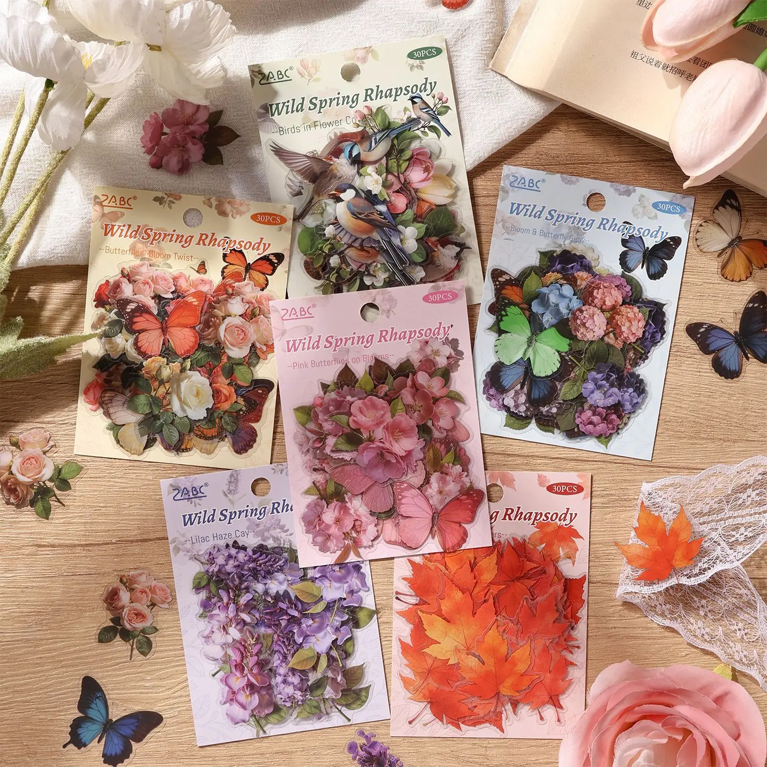 Vintage Butterfly Flower Birds Maple Leaf Landscape PET Sticker Creative DIY Journal Material Collage Scrapbooking Stationery