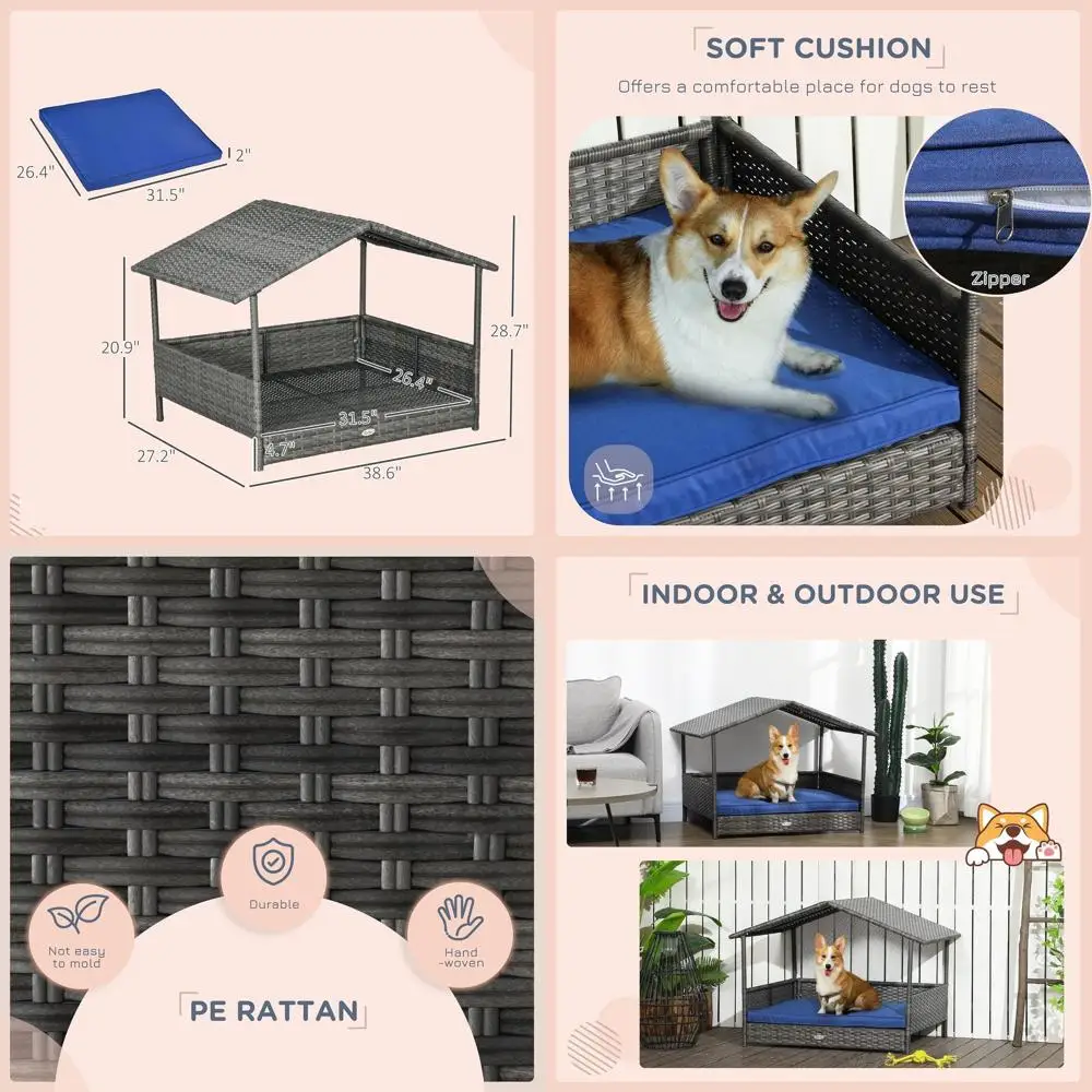

Gray Wicker Outdoor Dog House with Canopy, Water-Resistant Rattan Bed for Small to Medium Dogs up to 66 lbs, 20 Length, Dark Blu