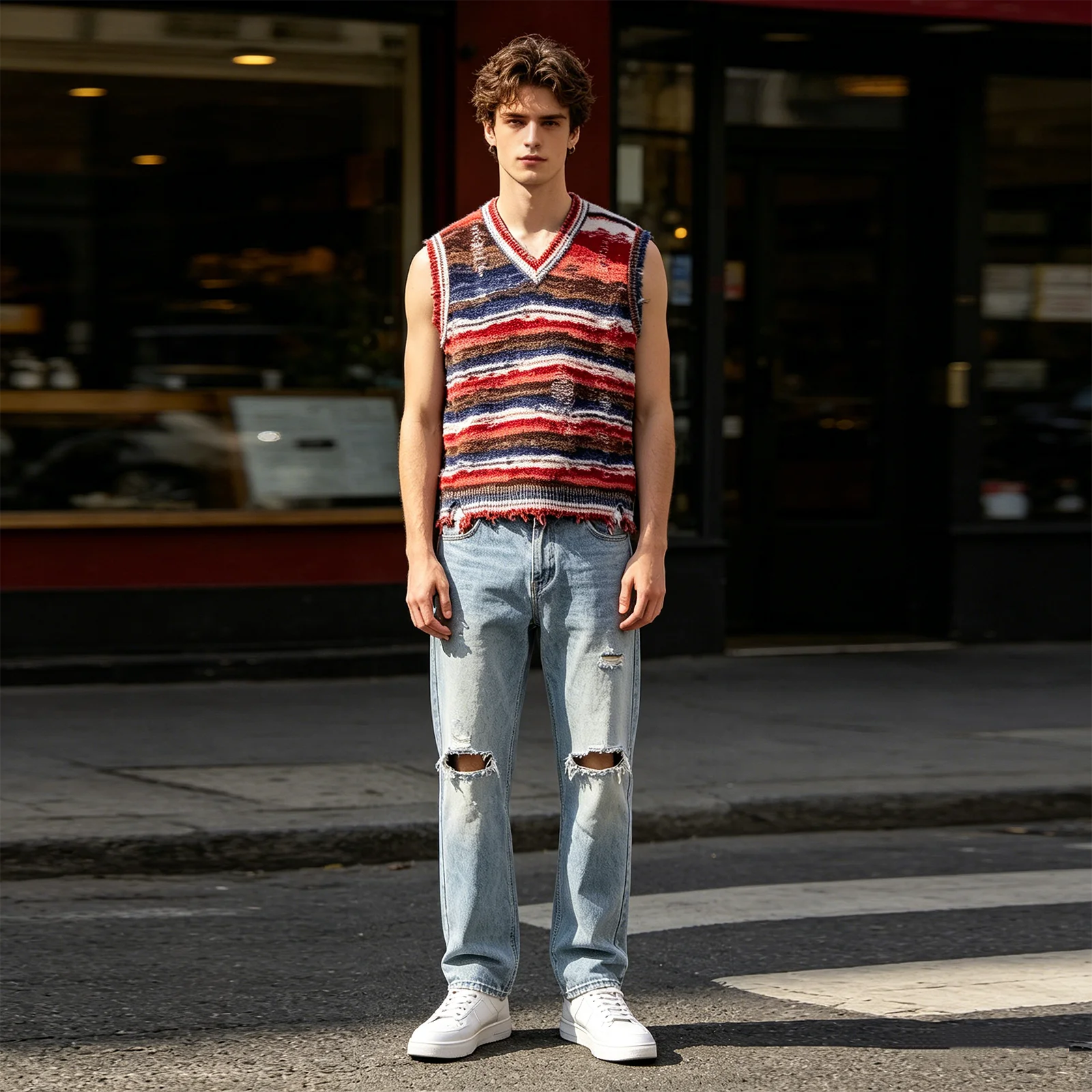Vintage Gradient Stripe Baggy Knitted Sweater Vest Washed Casual Ripped Pullover Sweater Y2k V-Neck Sleeveless knitwear Workout