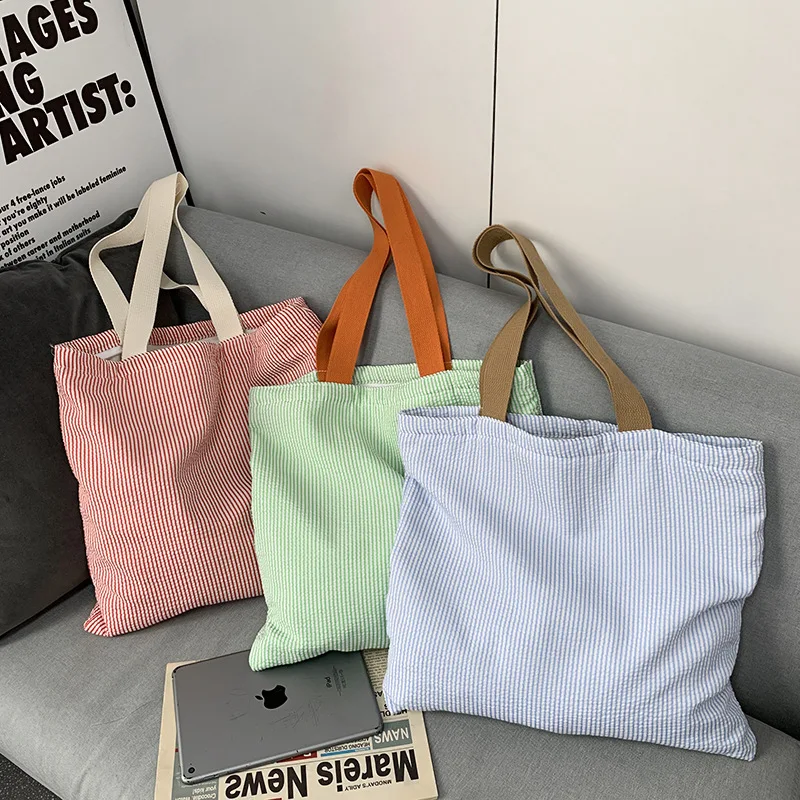 Stripe Contrast Color Women's Canvas Shoulder Bag Large Capacity College Book Tote Zipper Handbags Simple Commuter Shopping Bag