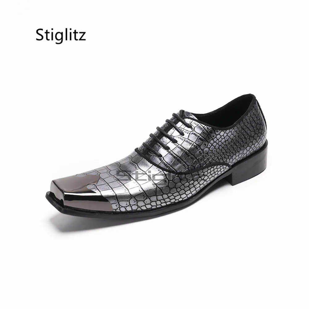 Alligator Leather Business Dress Shoes for Men Metal Square Toe Lace Up Low Heels Silver Genuine Leather Dress Formal Shoes