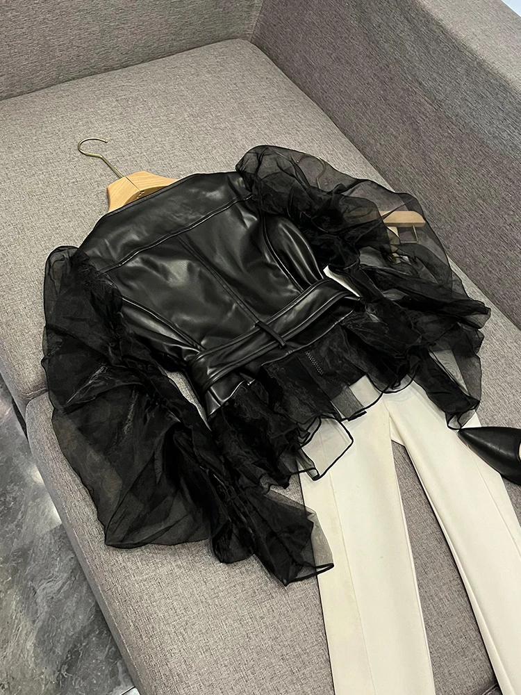 Street Style Motorcycle Jacket Women's Long Sleeve Mesh Splicing Leather Coat Dominating Perception Short Length Flip Collar