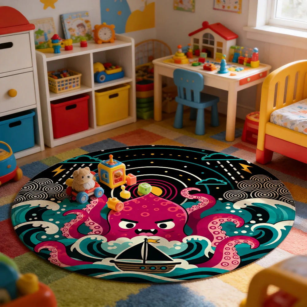 Cute Pink Octopus Pirate Adventure Round Area Rug Ocean Sea Nautical Cartoon Mat for Kids Nursery Decor