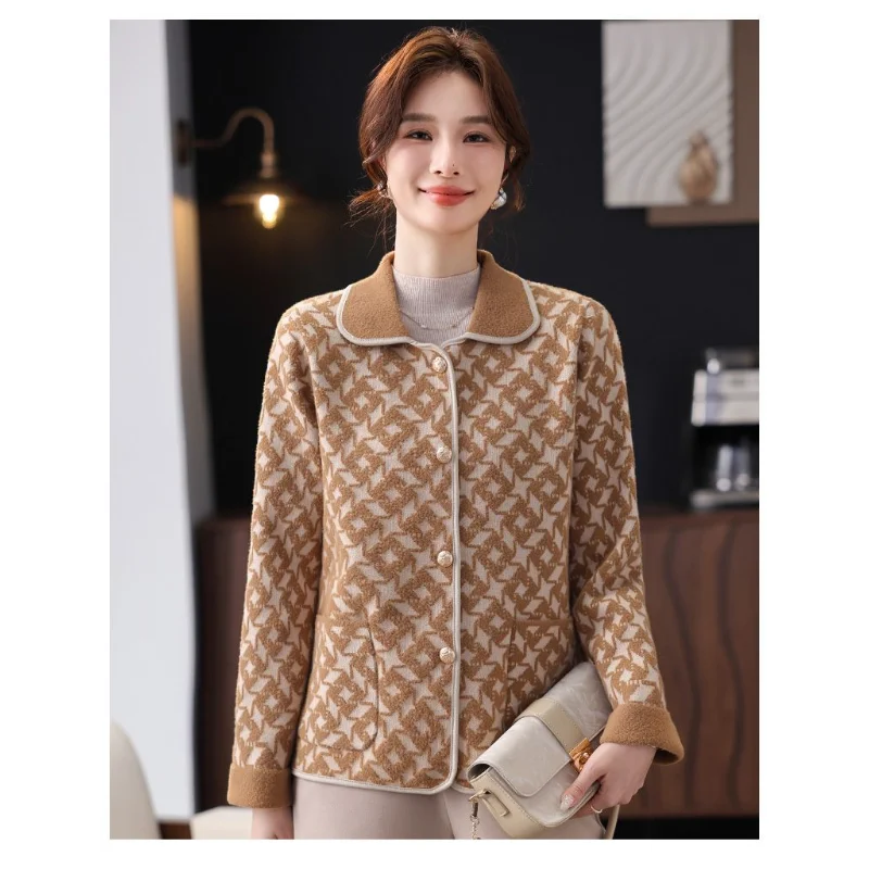 Middle-aged Mother's Coat for Women in Spring and Autumn Knitted Jacket Rich Wife Cardigan Printed Top Fashionable