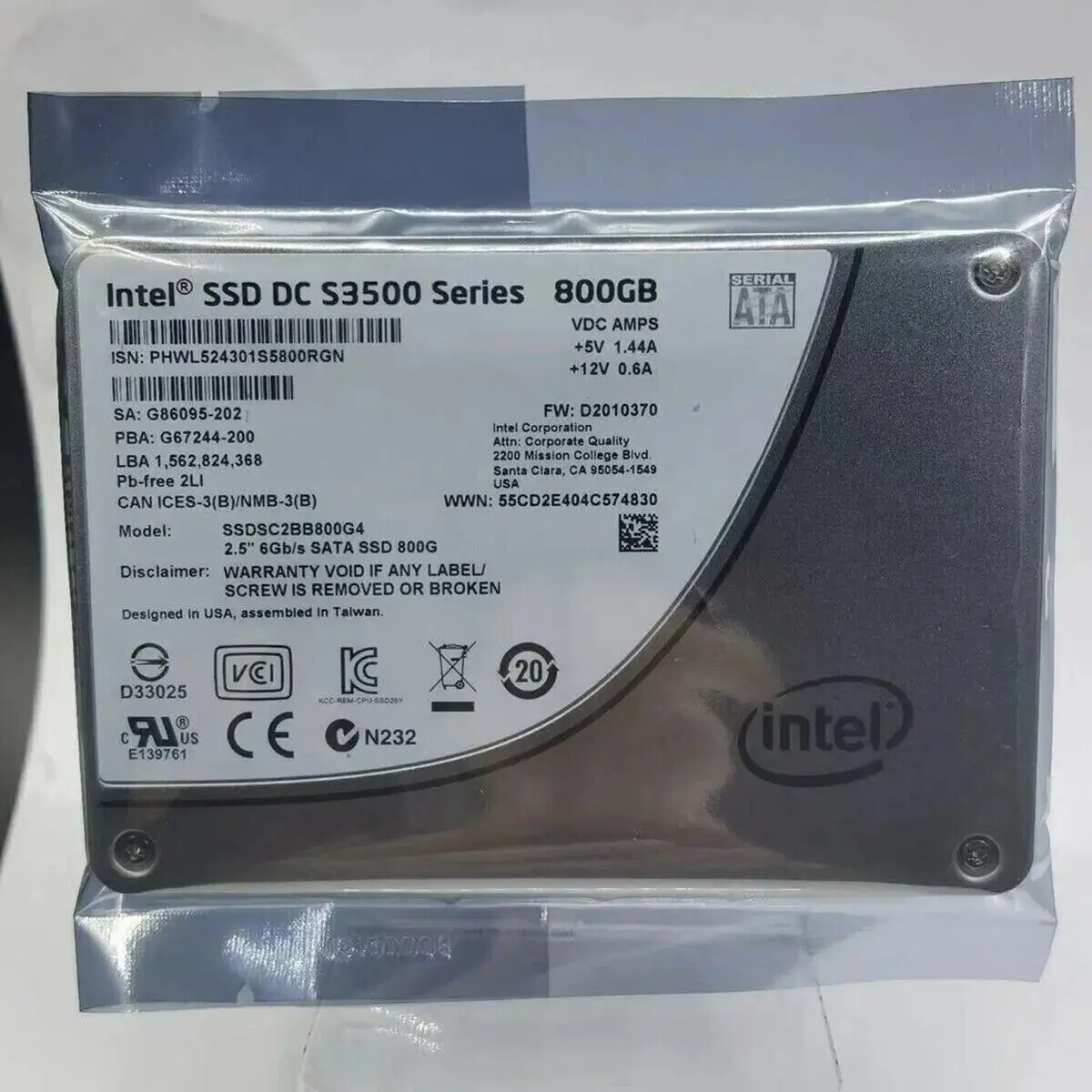 Твердотельный накопитель Intel DC S3500 серии SSDSC2BB800G4 800 ГБ 6G SATA 2,5 дюйма