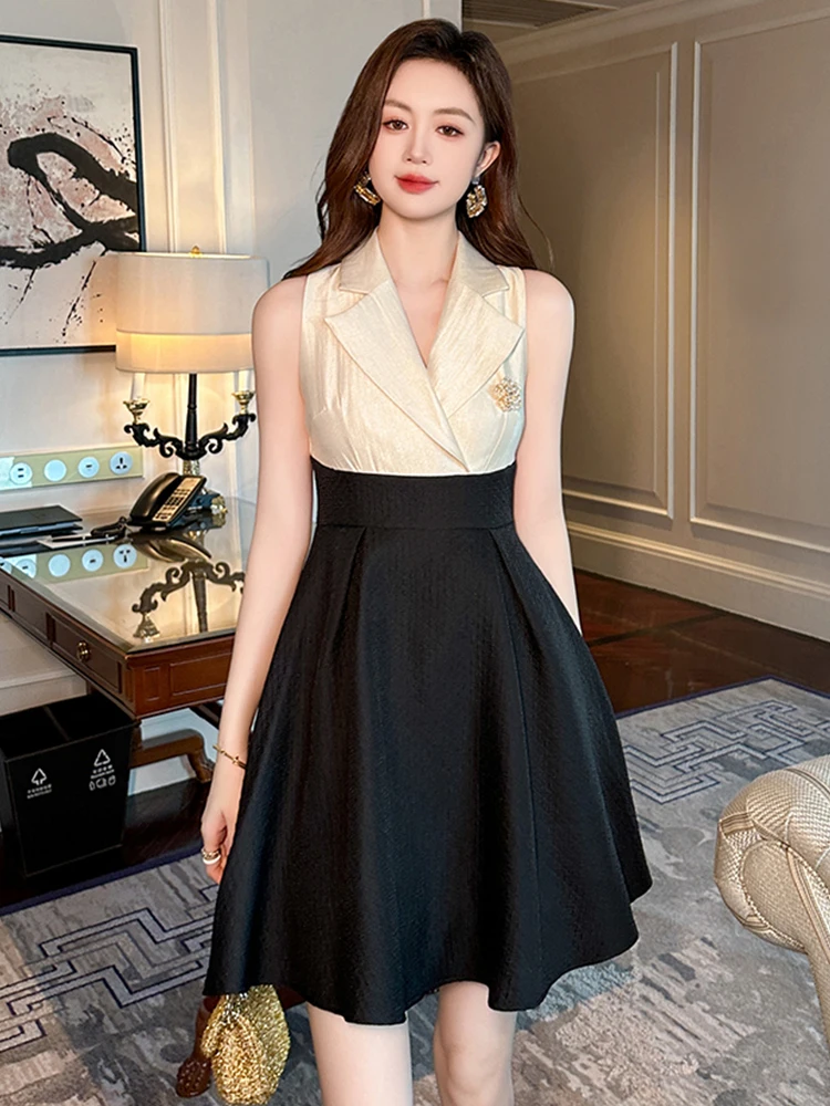 French Style Elegant Fake 2 Piece Dress Women Sweet Apricot Black Contrast Brooch Pleated Short Gown Female Party Work Vestidos