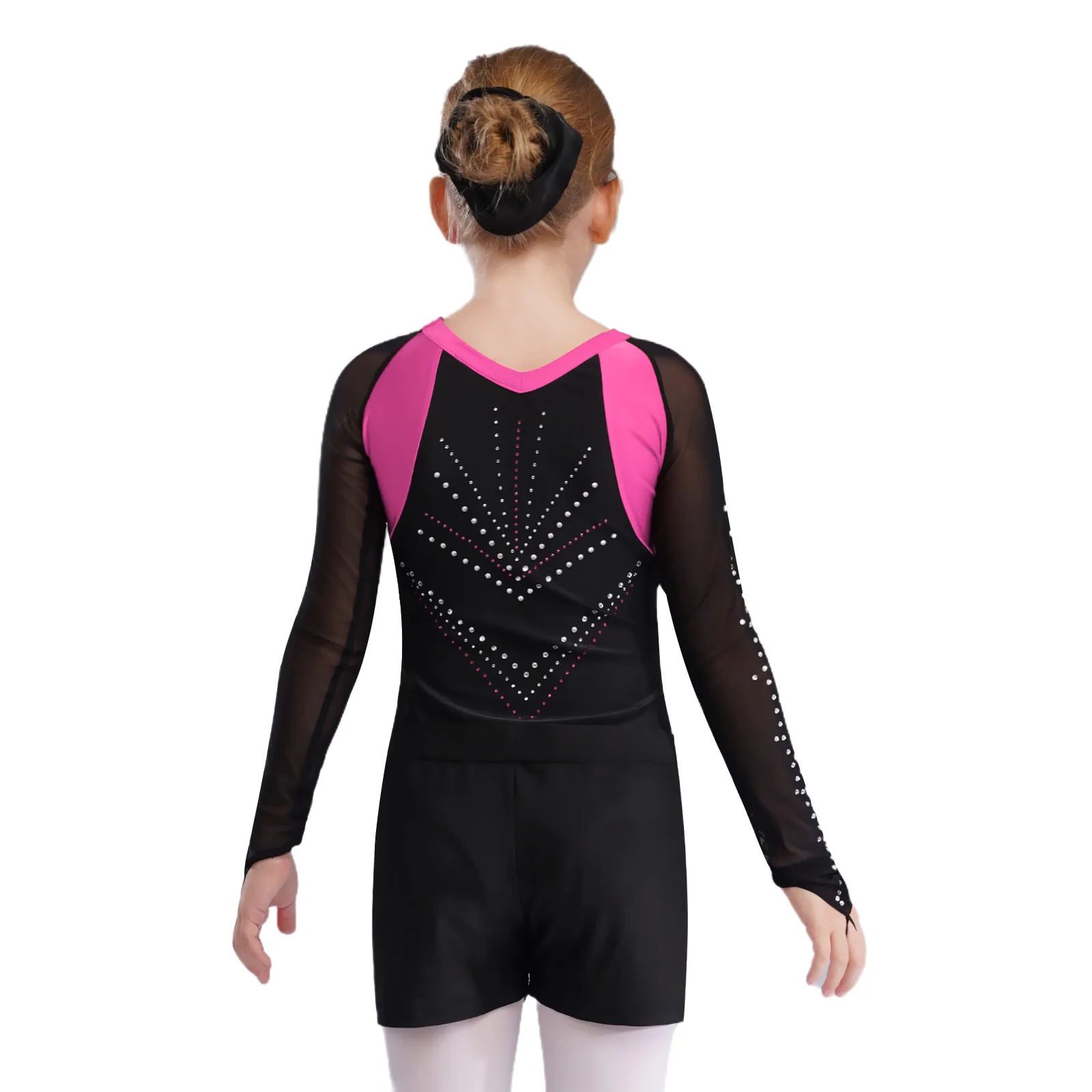 Kids Girls Gymnastics Bodysuit Outfit Sheer Mesh Long Sleeve Color Block Patchwork Shiny Rhinestones Leotard+Shorts+Headwear Set