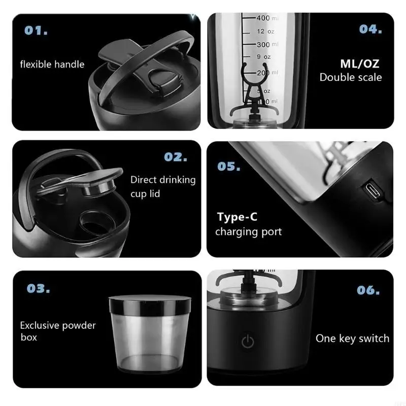 J6PE Electric Shaker Bottle Rechargeable Shake Mixer Cup for Protein Mixing Electric Shaker 650ml USB Rechargeable
