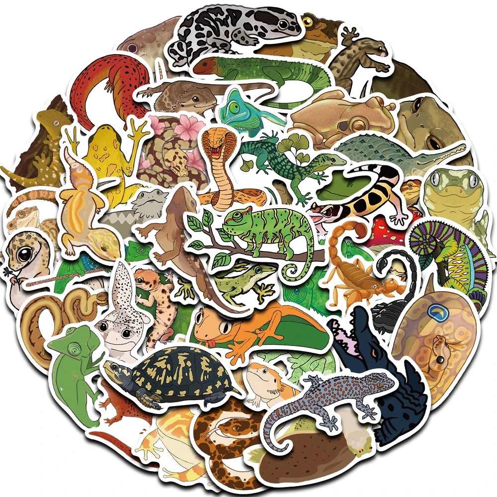 50PCS Cartoon Colorful Reptile Graffiti Sticker Snake Crocodile Frog Toad gecko Chameleon Fun Creative Waterproof PVC Decorative