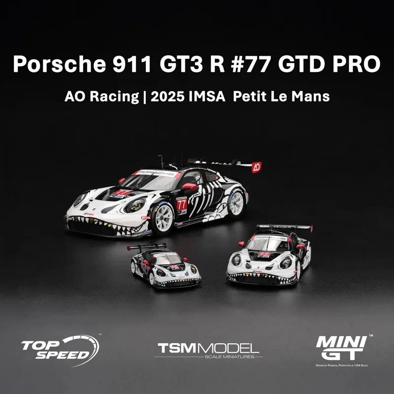 

MINI GT 1:64 Porsche 911 GT3 R #77 GTD PRO Skeleton Rexy AO Racing 2025 IMSA Petit Le Mans Alloy Car Model Collection Gift