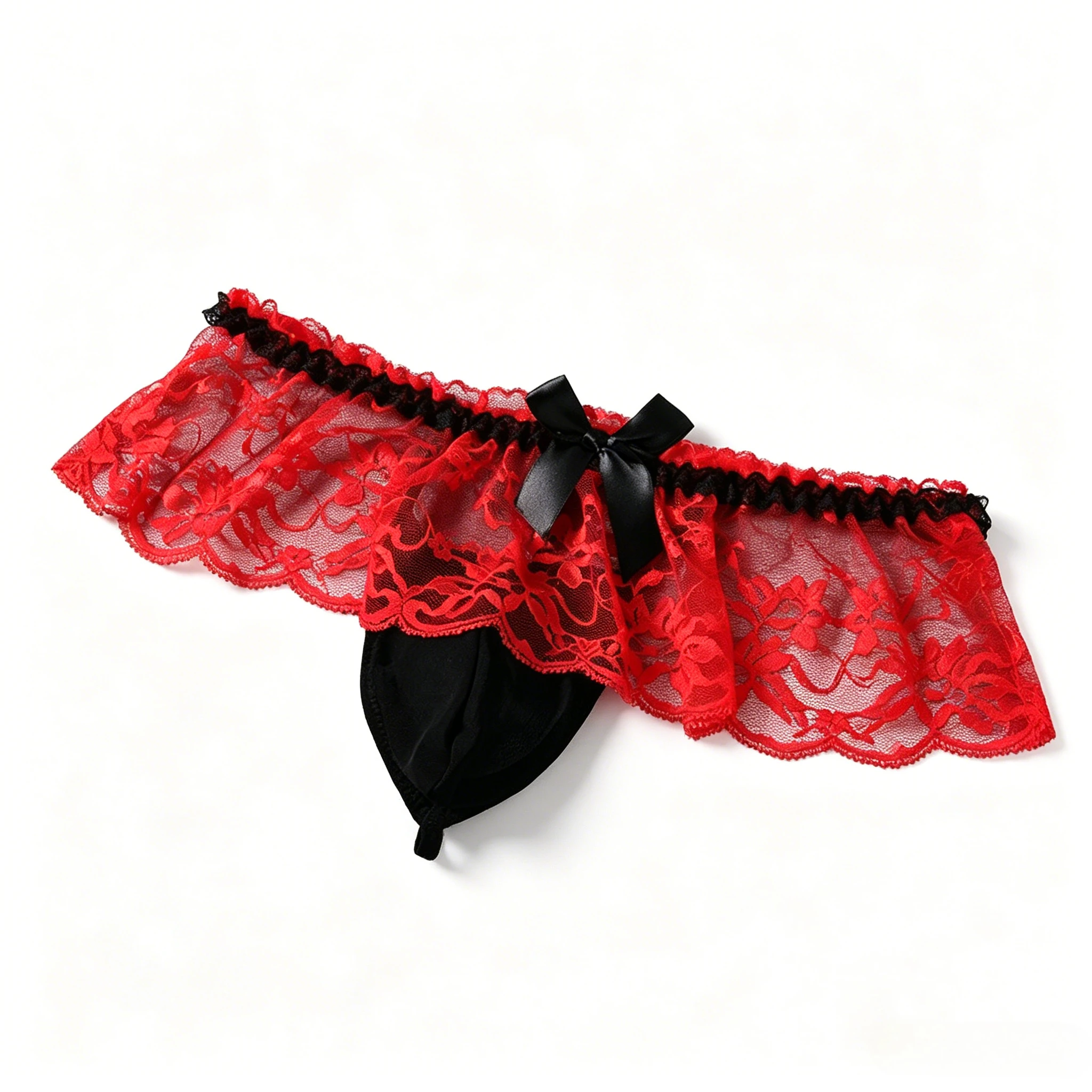 Men's Lace Skirted Thong with Black Bow Sheer Mesh Erotic Underwear T-Back Low-Rise U-Convex Pouch, Sexy Crossdresser Underpants