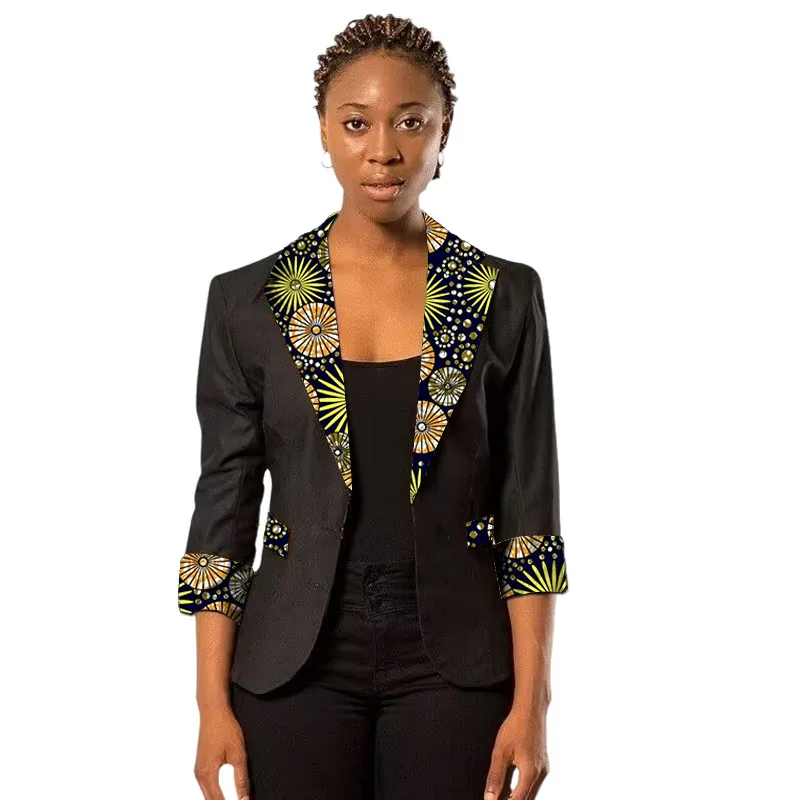 

Elegant Black Women's Suit Jacket African Couture Print Collar Blazers With 3/4 Sleeves
