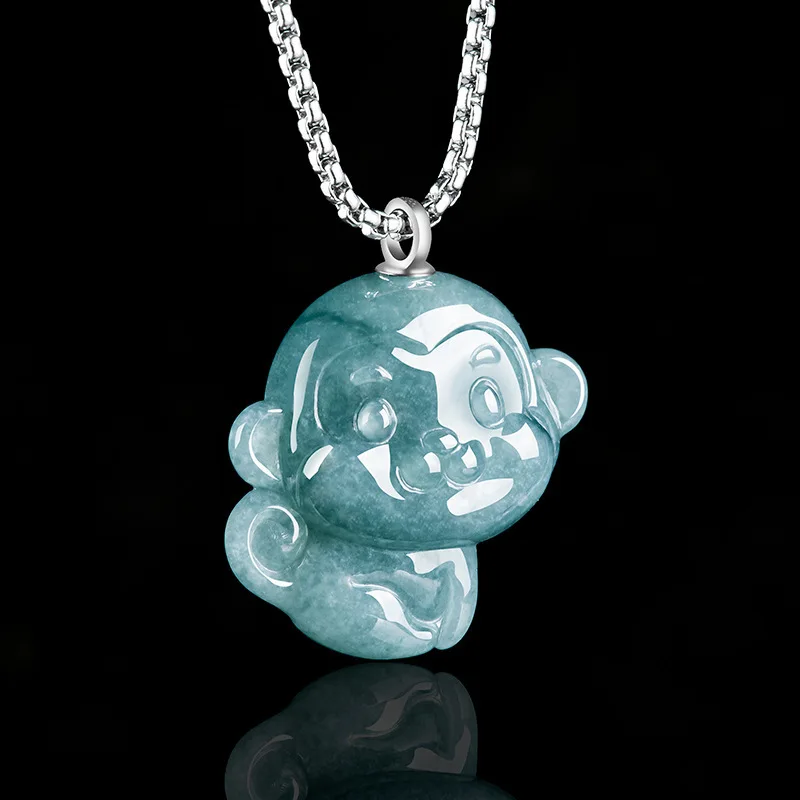 Natural Emerald Blue Water Little Cartoon Zodiac Monkey Ice Jadeite for Men and Women Cute Jade Pendant