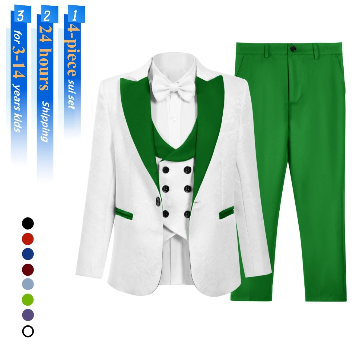 

Kids Tuxedo Suit Formal Occasion Boy's 4 Pieces Suit Set - Jacquard Blazer Vest Pants Bowtie - Graduation Conmmunion Outfit