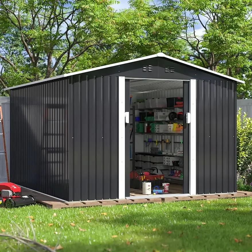 Outdoor Storage Shed, Galvanized Metal Storage Shed for Garden Shed with Sliding Lockable Doors and Floor Frame Metal Windows