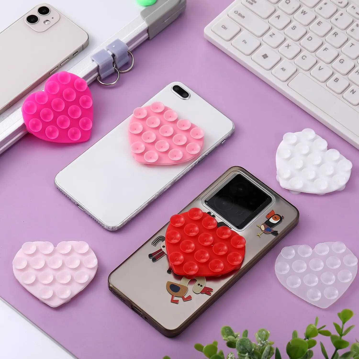 심장 모양 양면 전화 흡입 홀더, 다목적 실리콘 흡입 컵 전화 마운트 전화 케이스 끈적 전화 그립