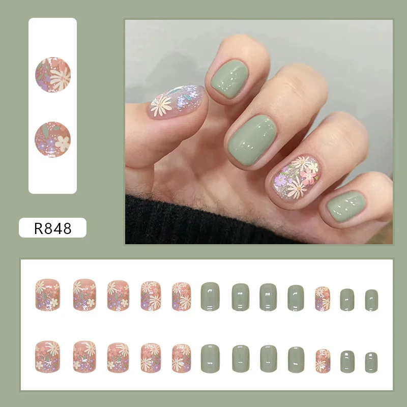 24 stücke kurze runde falsche Nägel Französisch abnehmbare kleine frische Blumen gefälschte Nägel volle Abdeckung drücken auf Nagels pitzen Ballerina Nägel