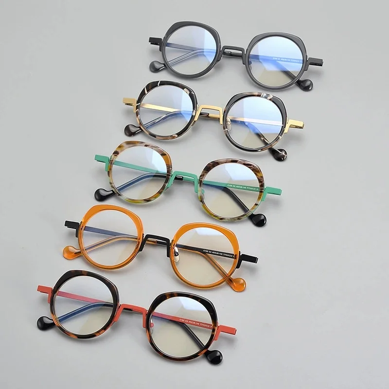 Belight شكل اللؤلؤ البصري خلات ملونة مصنوعة يدويًا مع إطار نظارات ريترو من التيتانيوم عدسة طبية C103
