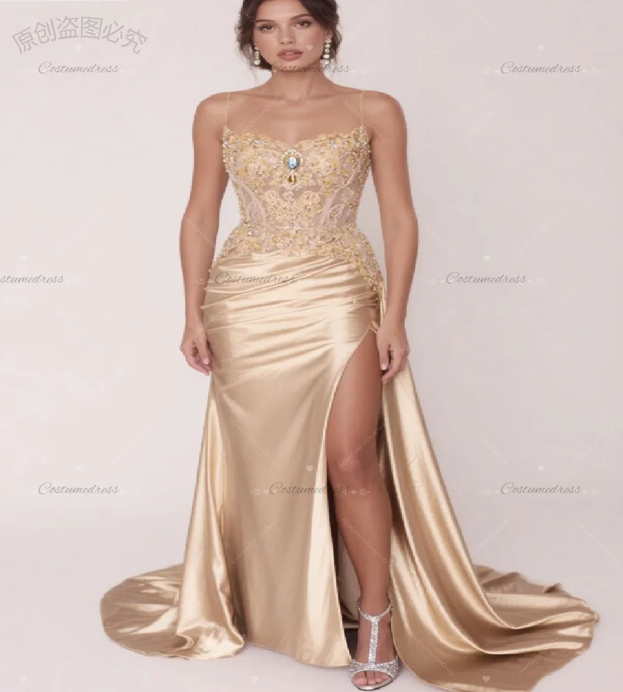 

Изящное вечернее платье цвета шампанского с разрезом, на тонких бретельках, кружевное, из мягкого атласа, на заказ, для особых случаев, на день рождения, 2026