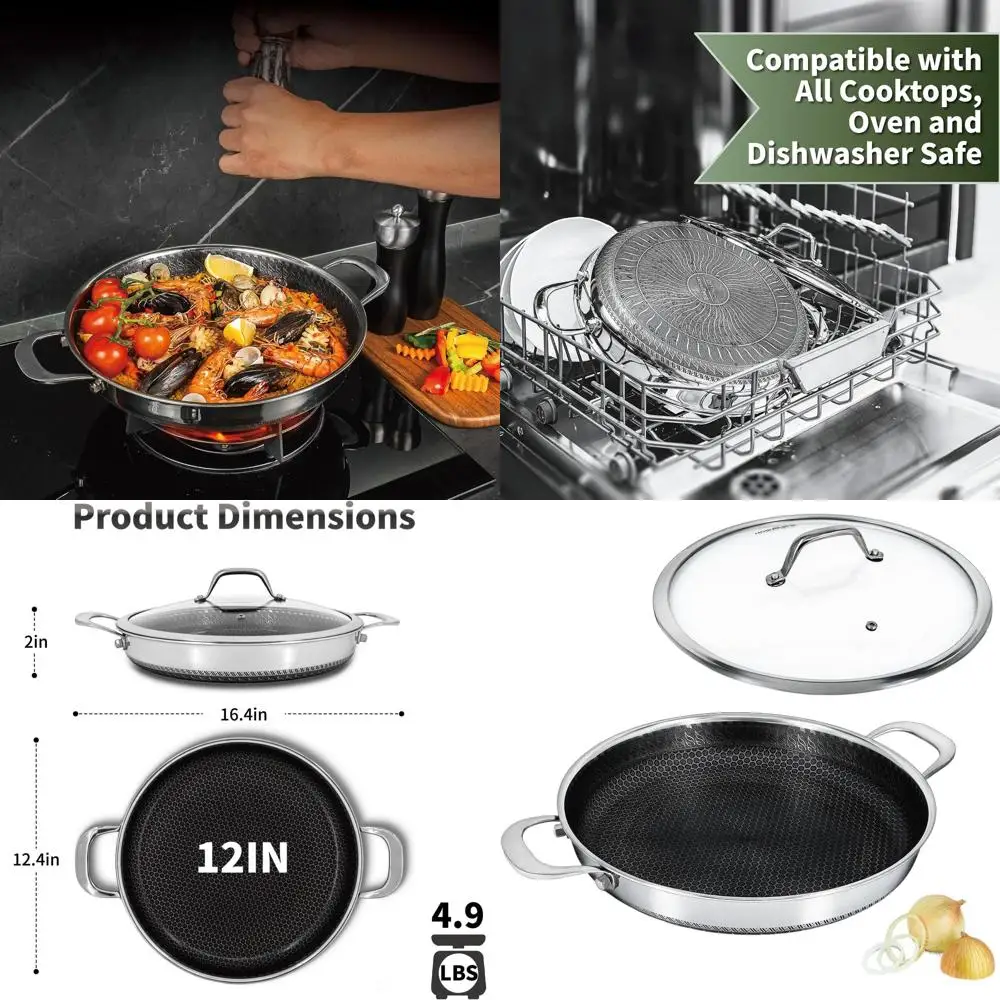 

12-дюймовая многофункциональная сковорода для паэли из нержавеющей стали с крышкой и двумя ручками, можно мыть в посудомоечной машине и в духовке