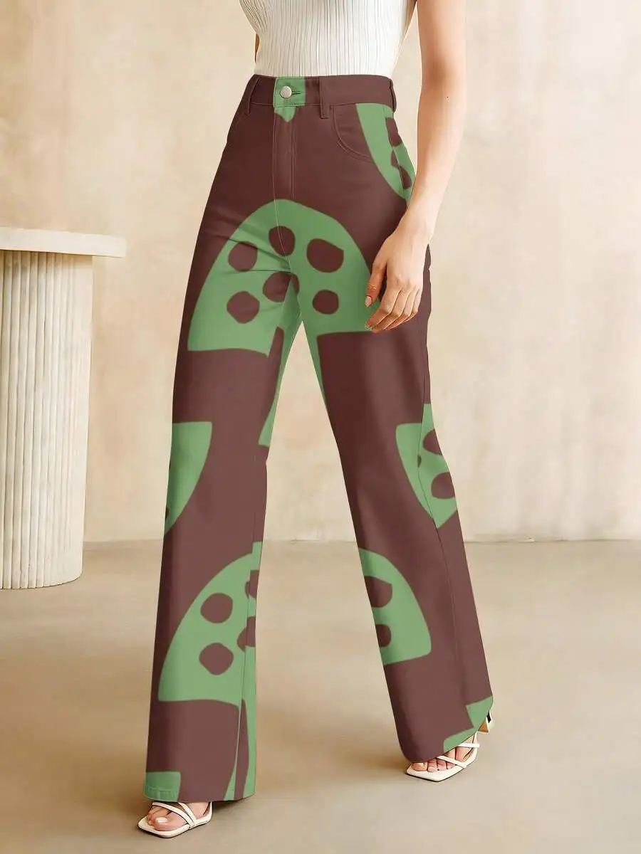 

Green Mushroom Print Wide Leg Jeans For Women Casual Loose Fit
