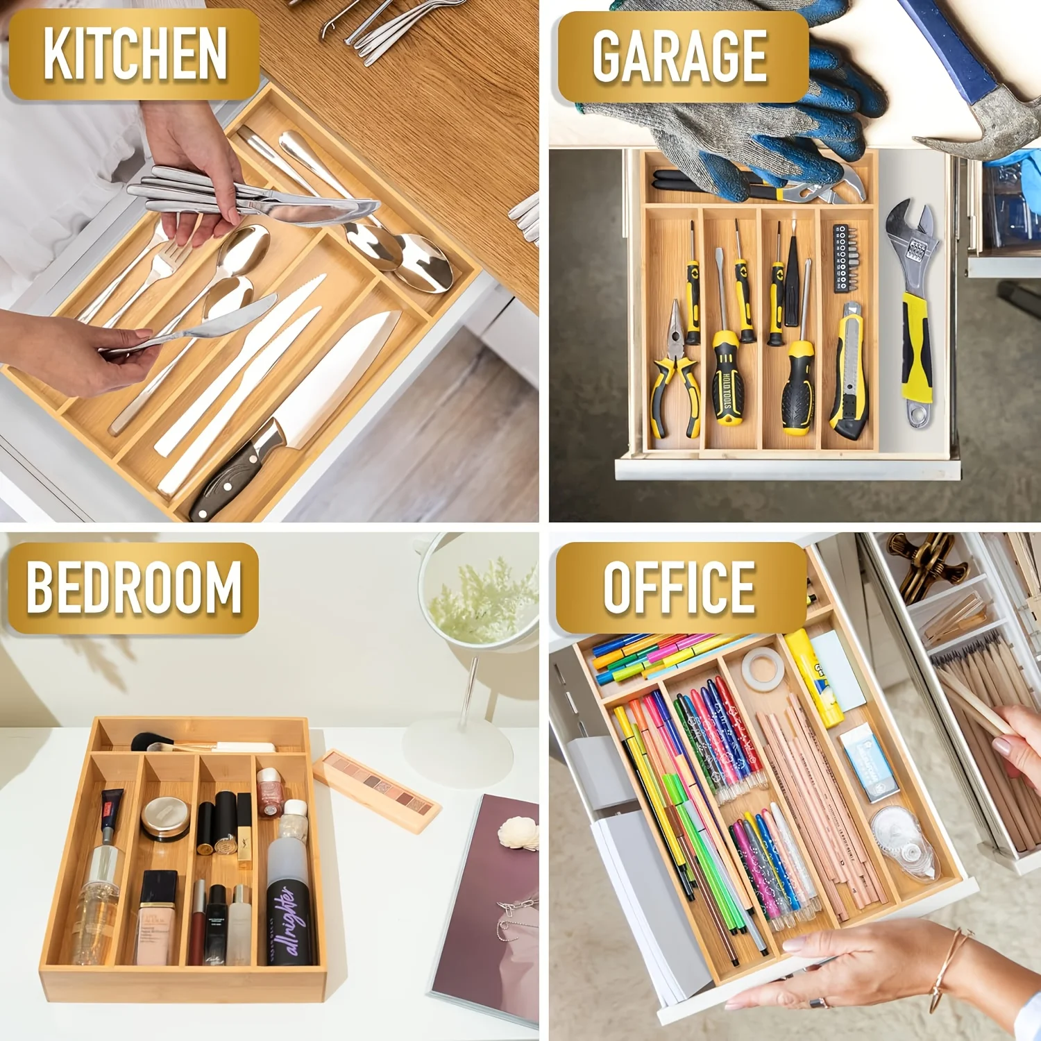Bamboo Kitchen Drawer Organizer, Silverware Utensil Holder for Samll Drawer, Silverware Organizer for Cutlery Knives - view 5