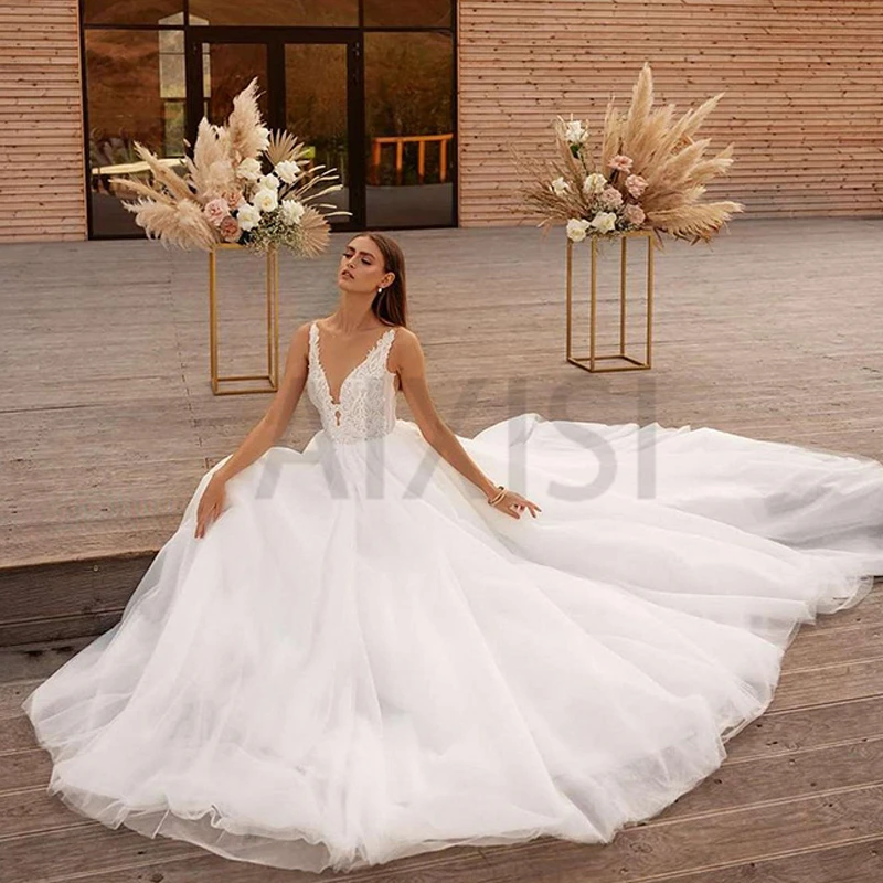 

Elegant Wedding Dresses Illusion O Neck Sleeveless A-Line Simple Tulle Vestidos De Noiva Appliques New Stylish Robe de mariee