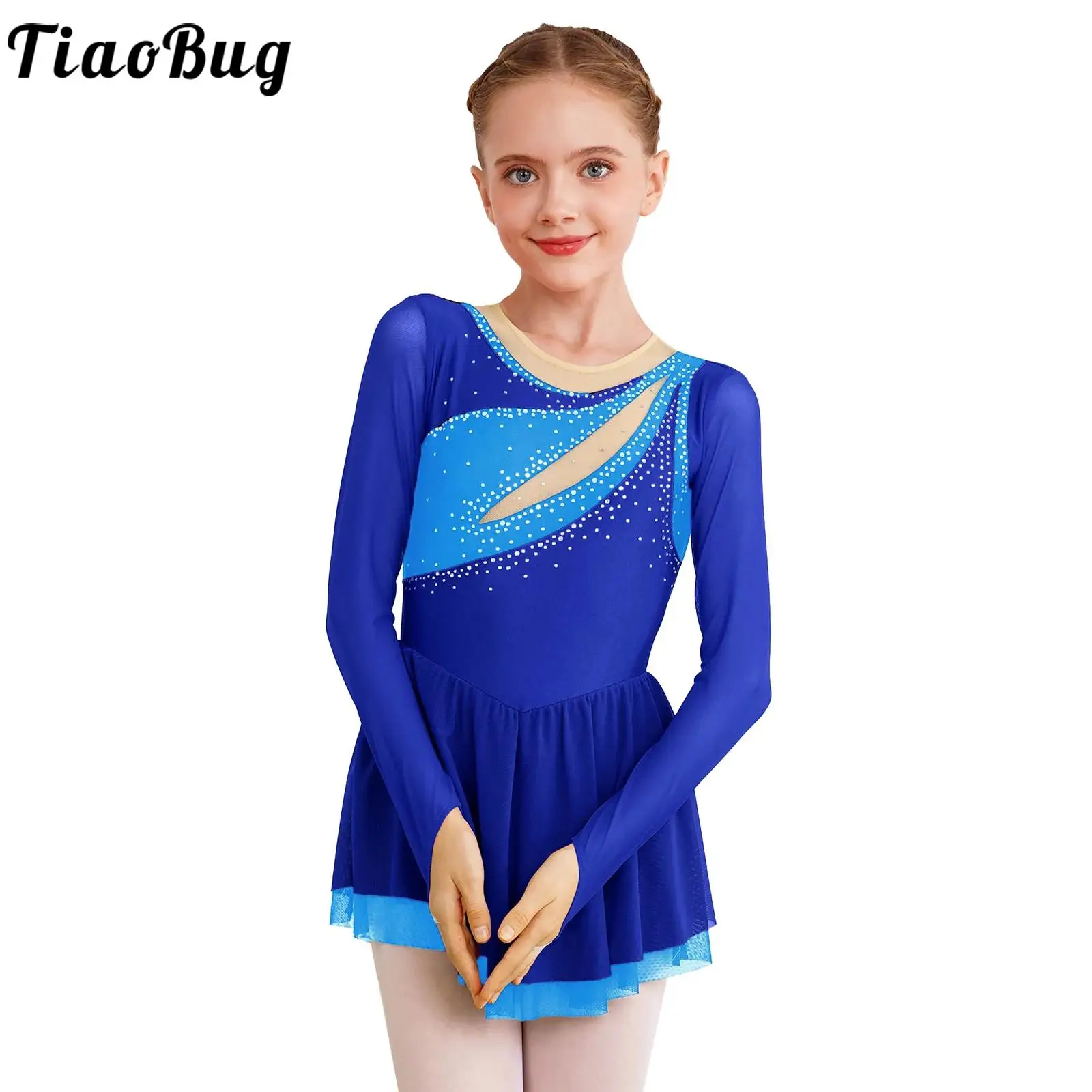 Kids Girls Lyrical Dance Dress Figure Skating Performance Costume Long Sleeve Shiny Rhinestone Ballet Tutu Gymnastics Leotards