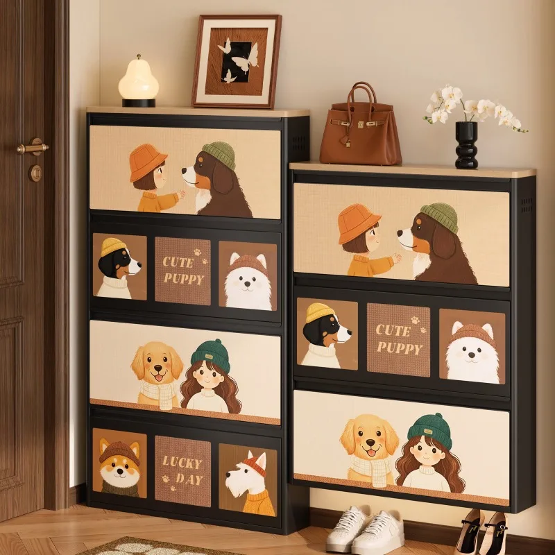 Door entrance storage cabinet integrated against the wall medieval tipping bucket steel shoe cabinet