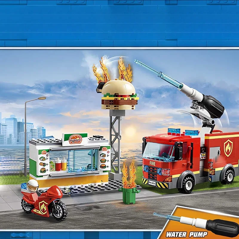 Burger shop fire Rescue City Series fire Truck Sprinkler Gun Building Assembly Building Block Model Children's Toy Gift