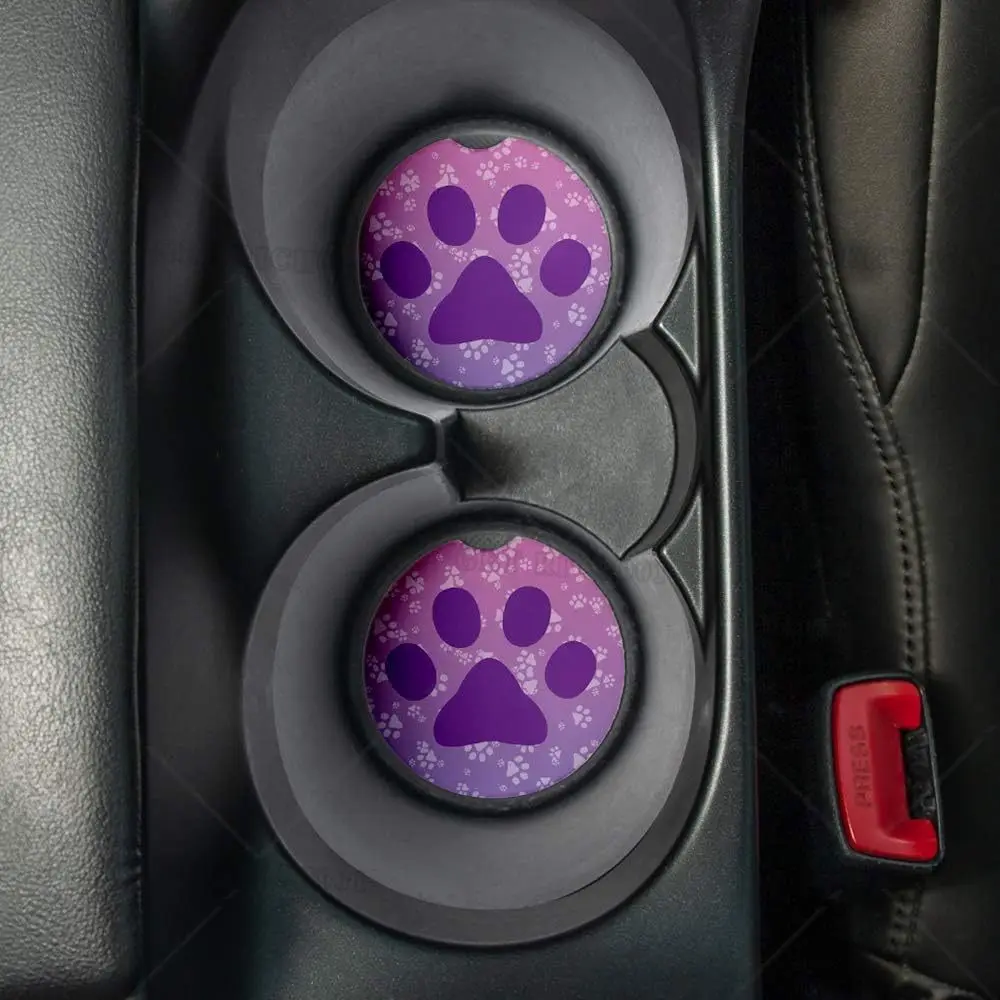 Purple Paws | Car Coasters for Drinks Set of 2 Car Accessories with Absorbent Coasters Measures 2.56 Inches with Rubber Backing