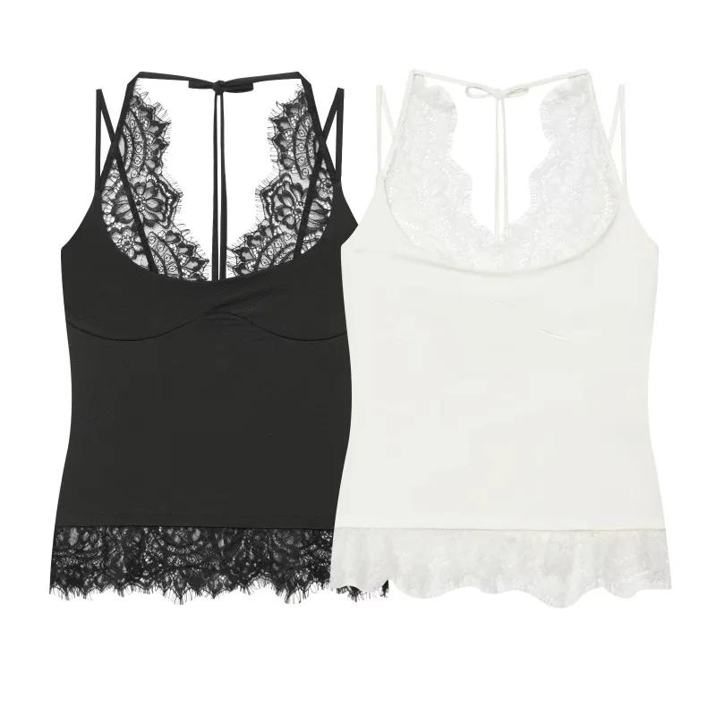 Fashionable Lace Splice Hanging Neckline Top Women's Casual Wear Polyester Fiber round Neck H-Shape Vest Regular Length