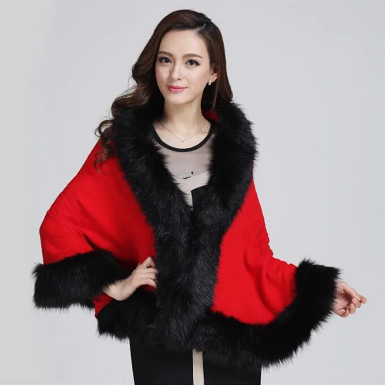 Autumn Winter New Female Cloak Imitation  Fur Cloak Cape Imitation Wool Collar Ponchos Women Capes Red