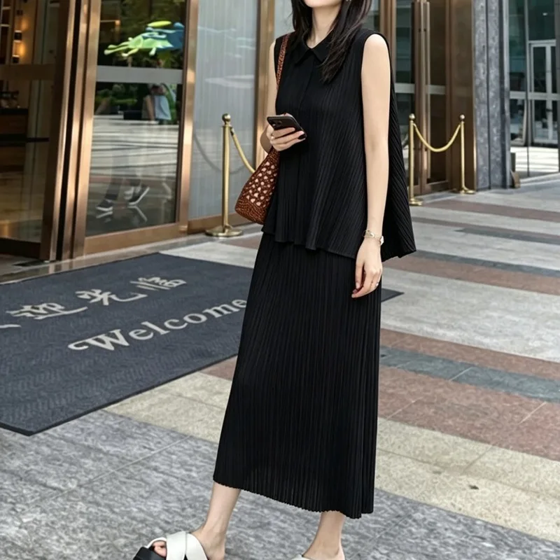 Miyake Pleated Skirt Set Simple Solid 2026 New Fold Sleeveless Vest Long Skirt Set Women Summer Waist Slim Elegant High-end Feel