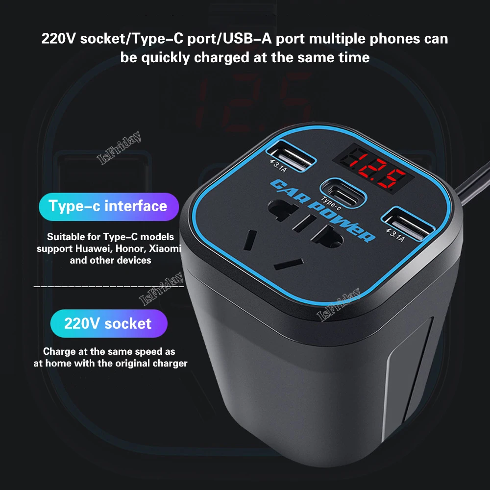 Car Power Inverter 12V/24V TO 220V Converter Type-C Multi-function Charger Socket 3.1A Fast Charger Car Power Converter