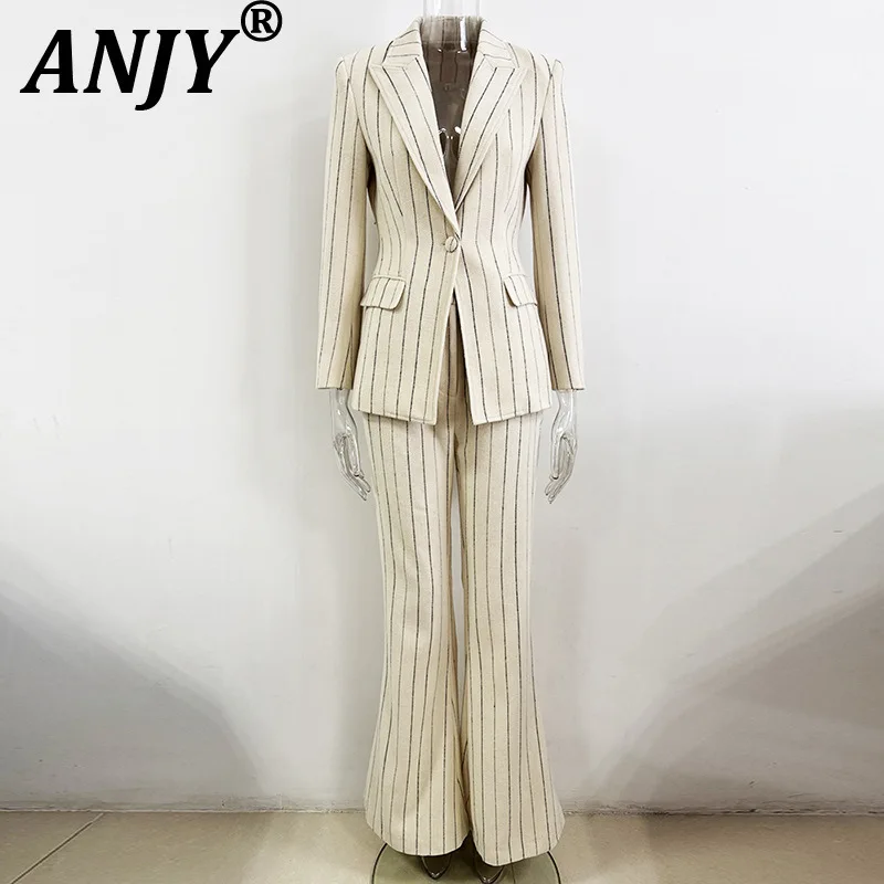 

ANJY весна осень зима новый женский модный элегантный модный пиджак в вертикальную полоску шикарный костюм-брюки шикарный облегающий костюм комплект A16963