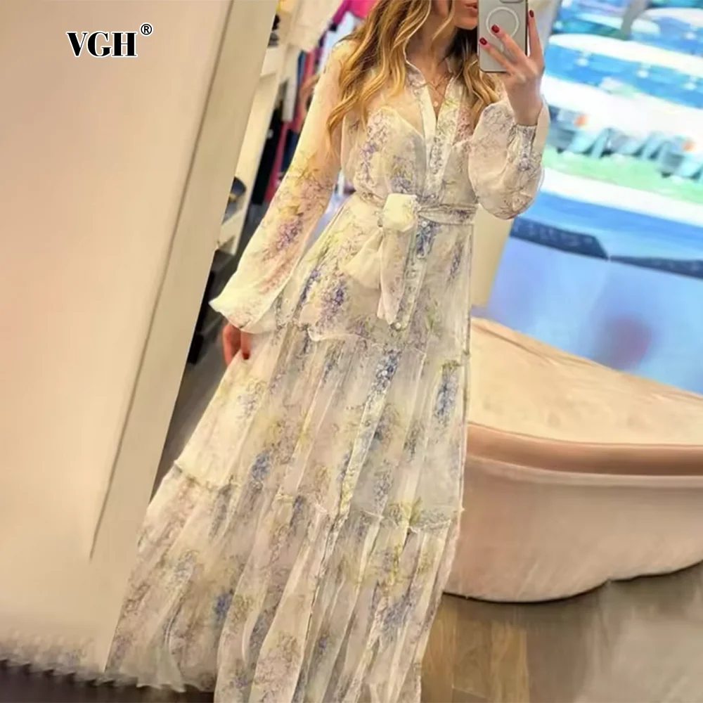 

VGH Floral Printing Patchwork Lace Up Dresses For Women Stand Collar Lantern Sleeve High Waist Elegant Long Dress Female Style