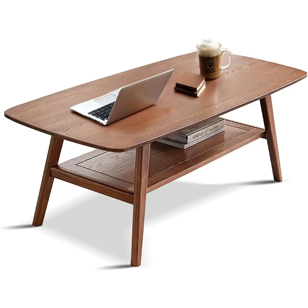 

100% Solid Oak Coffee Table with Storage Shelf, 2-Tier Wooden Center Table for Living Room, Farmhouse Rustic Rectangle Table
