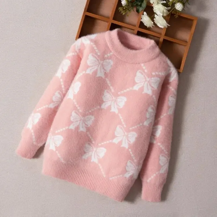 4-14 Jahre Winter Mädchen Pullover Pullover warme Teenager Kinder Kleidung gestrickte Nerz Pullover Bogen Prinzessin Kinder Kleidung Strickwaren
